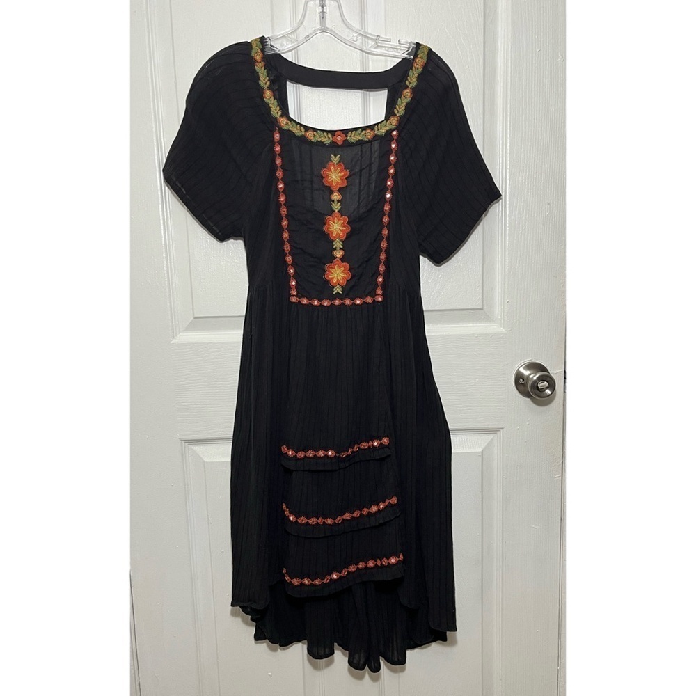 FREE PEOPLE Asymmetric Black Embroidered Cottagecore Floral Tiered Front Dress